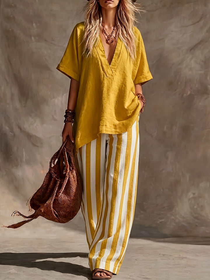Ines | V-Neck Top & Striped Wide-Leg Trousers Set