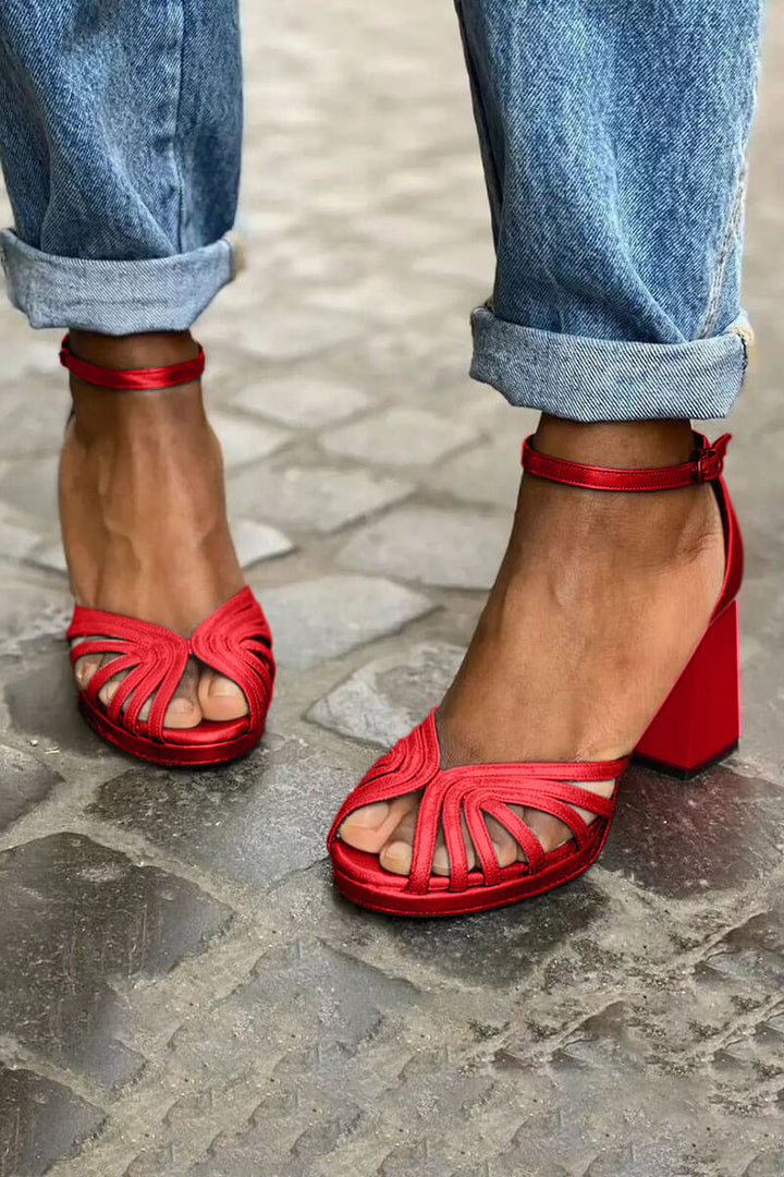 Elegant wide peep toe colour block heels with ankle strap and buckle