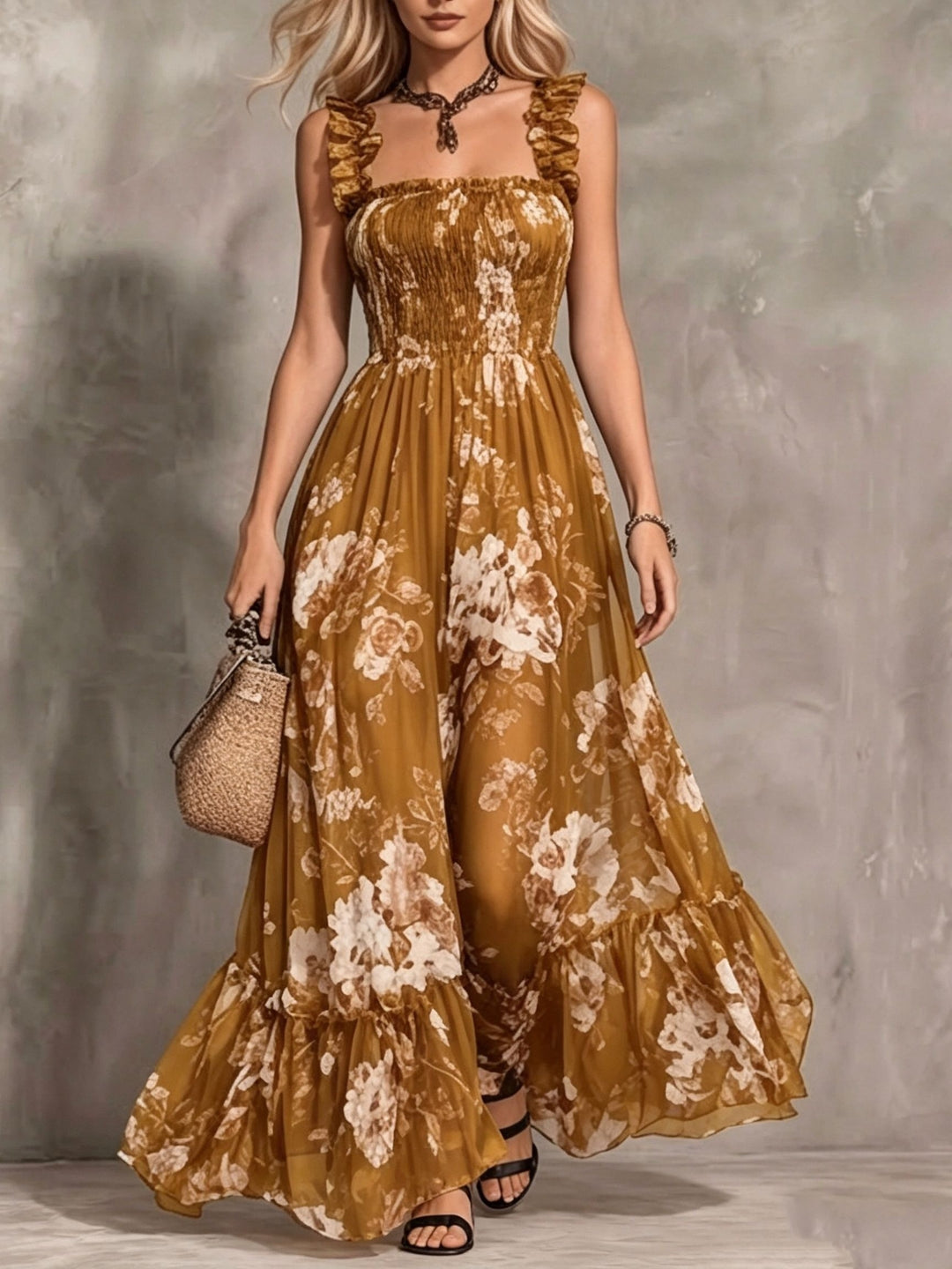 Delphine | Vintage Square Neck Pleated Floral Dress