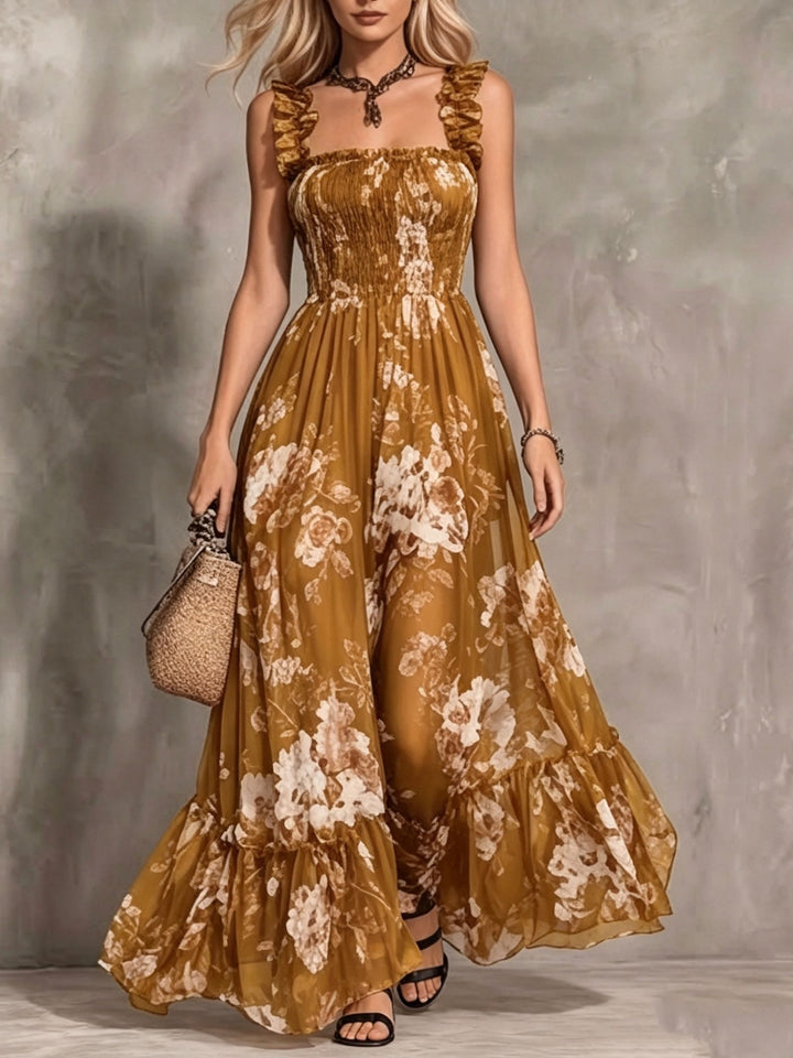Delphine | Vintage Square Neck Pleated Floral Dress