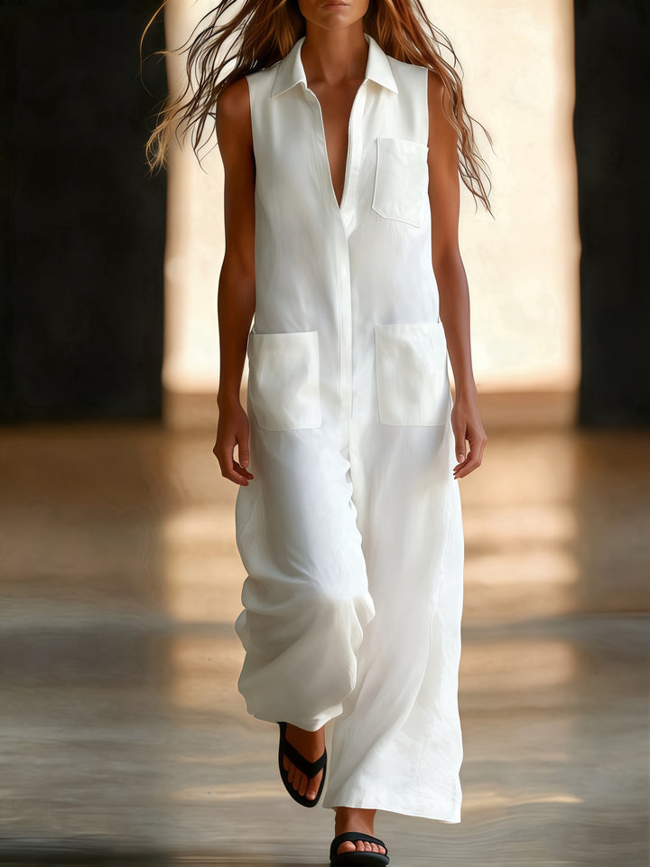 Sleeveless wide-leg jumpsuit for women, plain colour with pockets, half-zip and open front - Casual wear for commuting