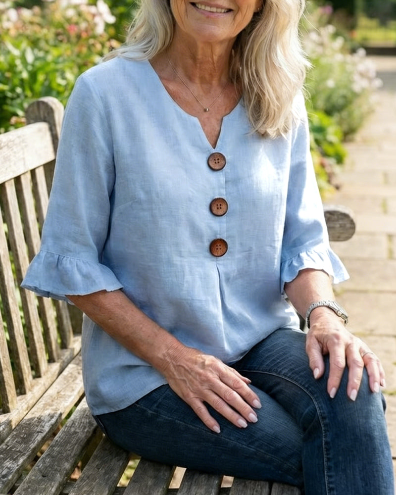 Sophia Solid Colour Blouse with Wooden Buttons and Ruffles