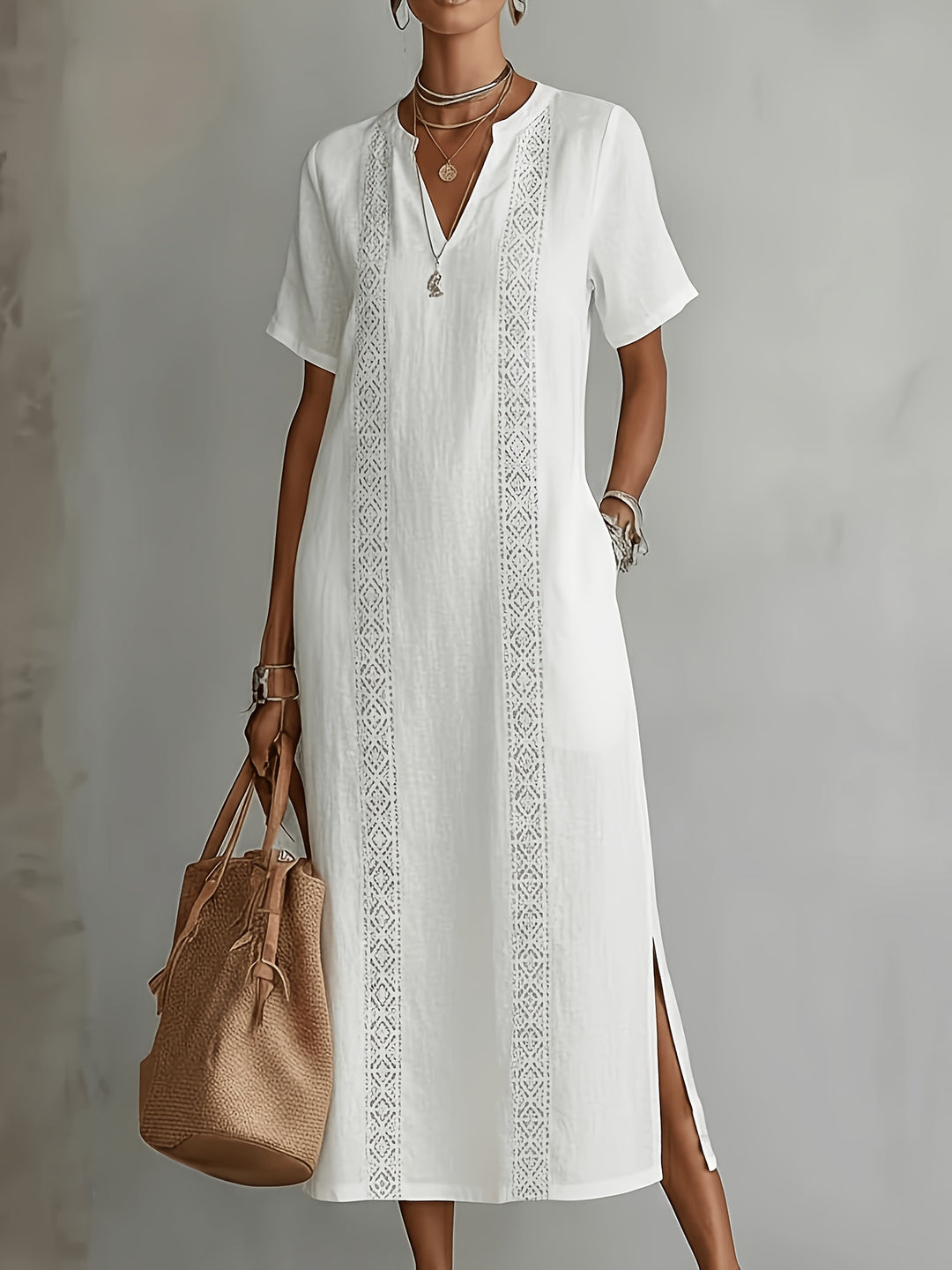 Elegant vintage lace dress for women with V-neck, loose fit, solid colour ZLLZ