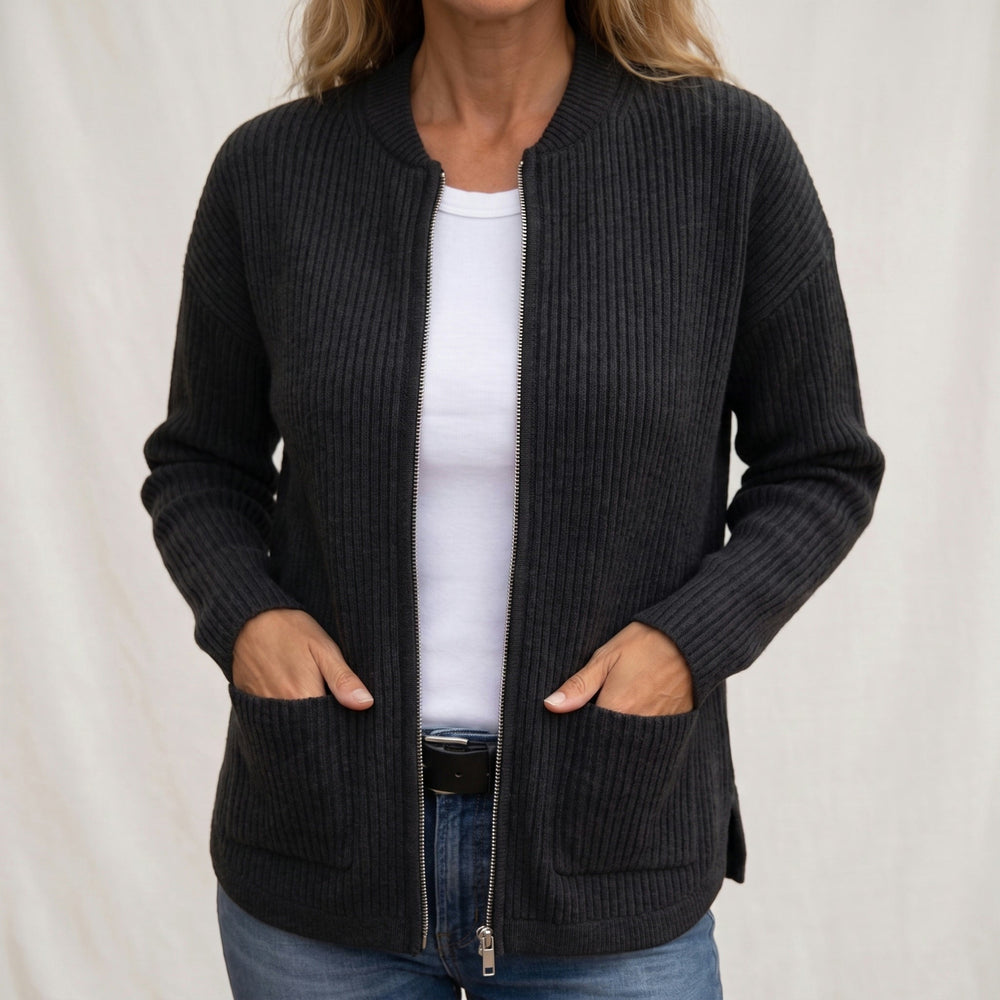 Black ribbed knit cardigan with full zip and deep front pockets