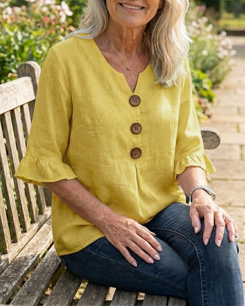 Sophia Solid Colour Blouse with Wooden Buttons and Ruffles