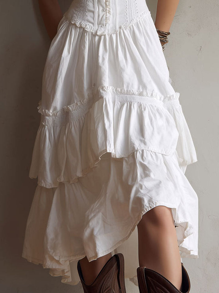 Retro Boho Corset Tiered Midi Dress With Lace Trim
