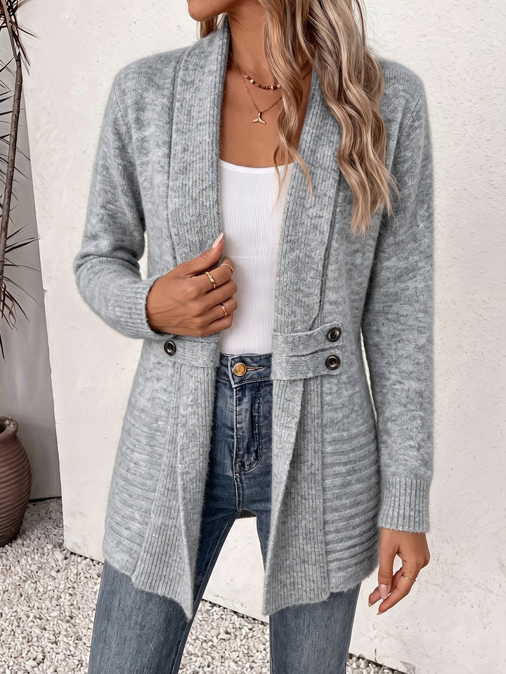 Gray knit ladies cardigan, open front with two-button placket and side pockets.