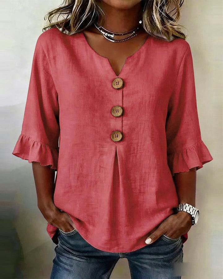 Sophia Solid Colour Blouse with Wooden Buttons and Ruffles