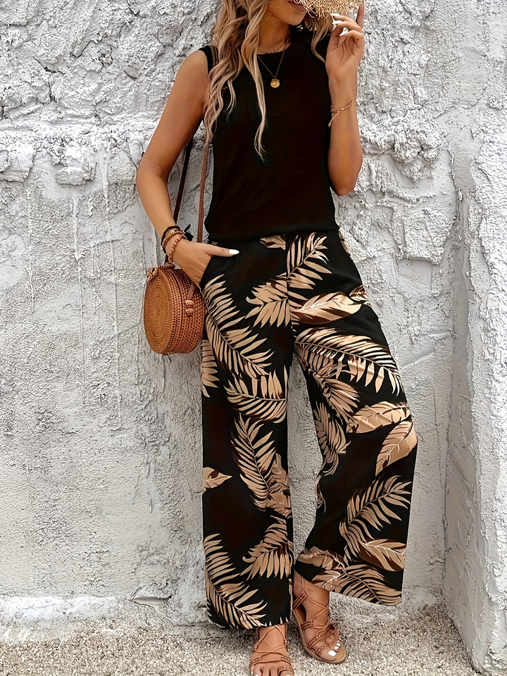 Two-piece botanical wide-leg set with sleeveless top, black with tan leaf print trousers