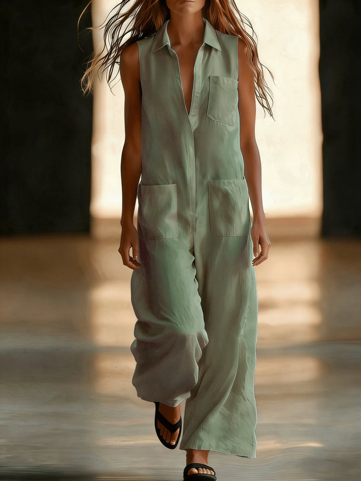 Sleeveless wide-leg jumpsuit for women, plain colour with pockets, half-zip and open front - Casual wear for commuting