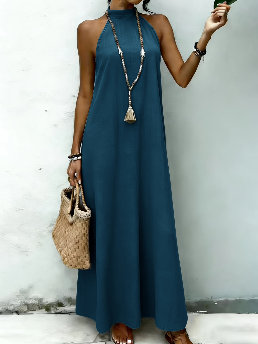AMNFUIL Bohemian Maxi Dress with Neck Cord for Women - Sleeveless Beach Dress with Button Closure at the Back, Plain Fitted Long Dress Suitable for Weddings, Pool Parties, Casual Wear, Machine Washable Elegant Dress