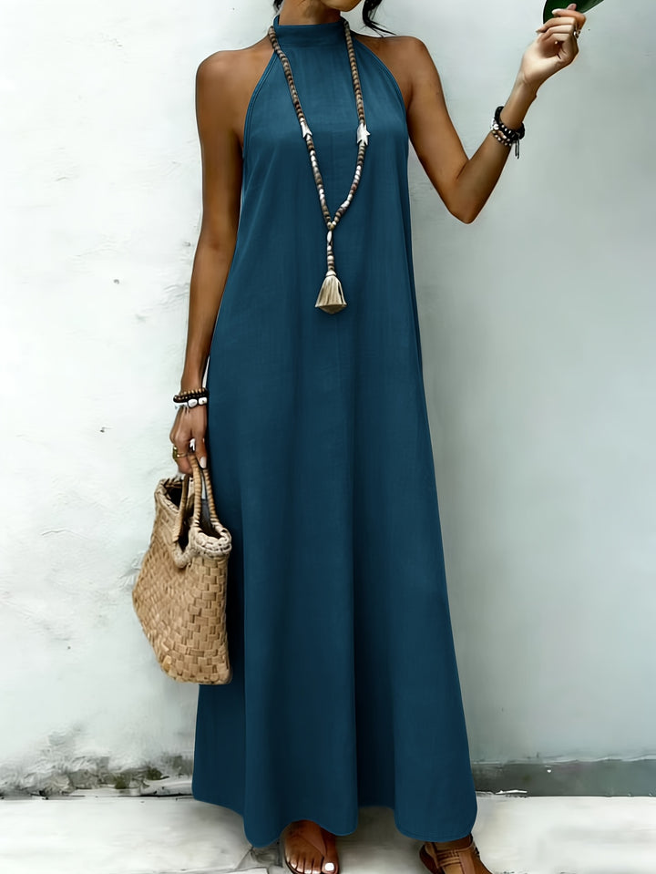 AMNFUIL Bohemian Maxi Dress with Neck Cord for Women - Sleeveless Beach Dress with Button Closure at the Back, Plain Fitted Long Dress Suitable for Weddings, Pool Parties, Casual Wear, Machine Washable Elegant Dress