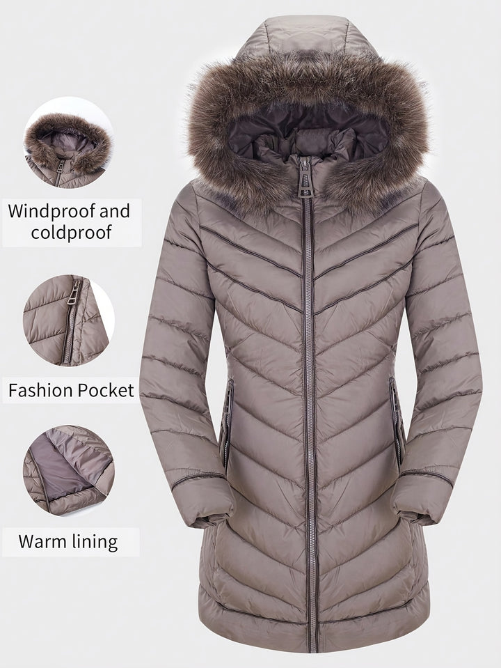 Taupe slim-fit hooded faux fur winter coat with quilted puffer panels and front zip.