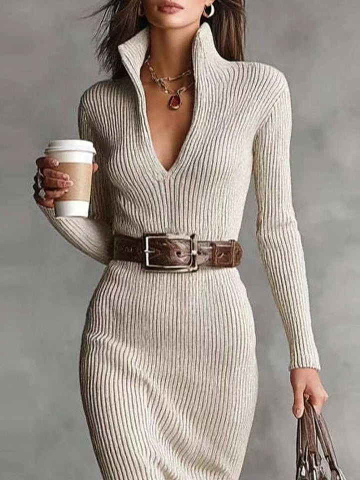 Hazel™ | V-Neck Ribbed Midi Sweater Dress