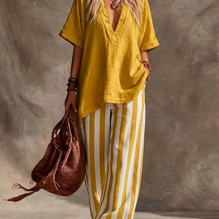 Ines | V-Neck Top & Striped Wide-Leg Trousers Set