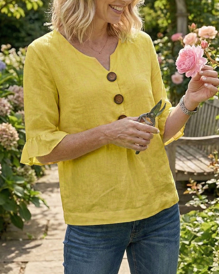 Sophia Solid Colour Blouse with Wooden Buttons and Ruffles