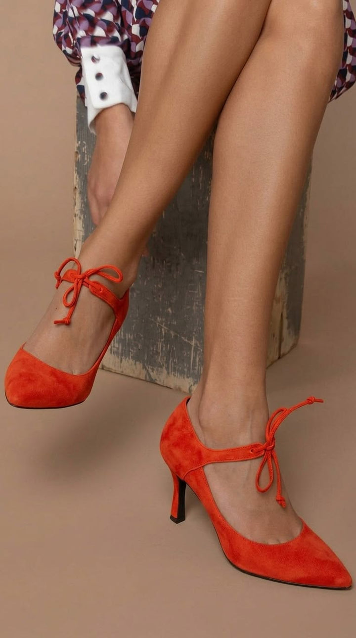 Pointed Suede Court Shoes with Bow and Mid Heel