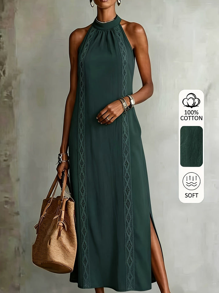 Summer ladies pure halter lace hollow-out lace edge patchwork dress, loose linen feel holiday sleeveless long dress 9A12499