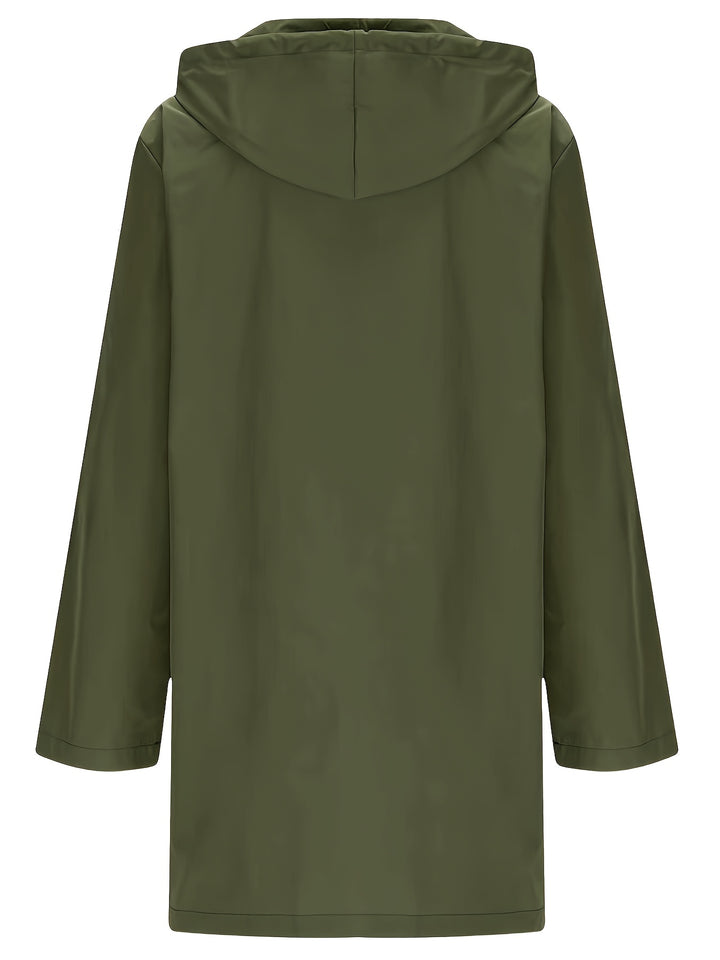 Olive green hooded windproof parka coat with full sleeves and front seams