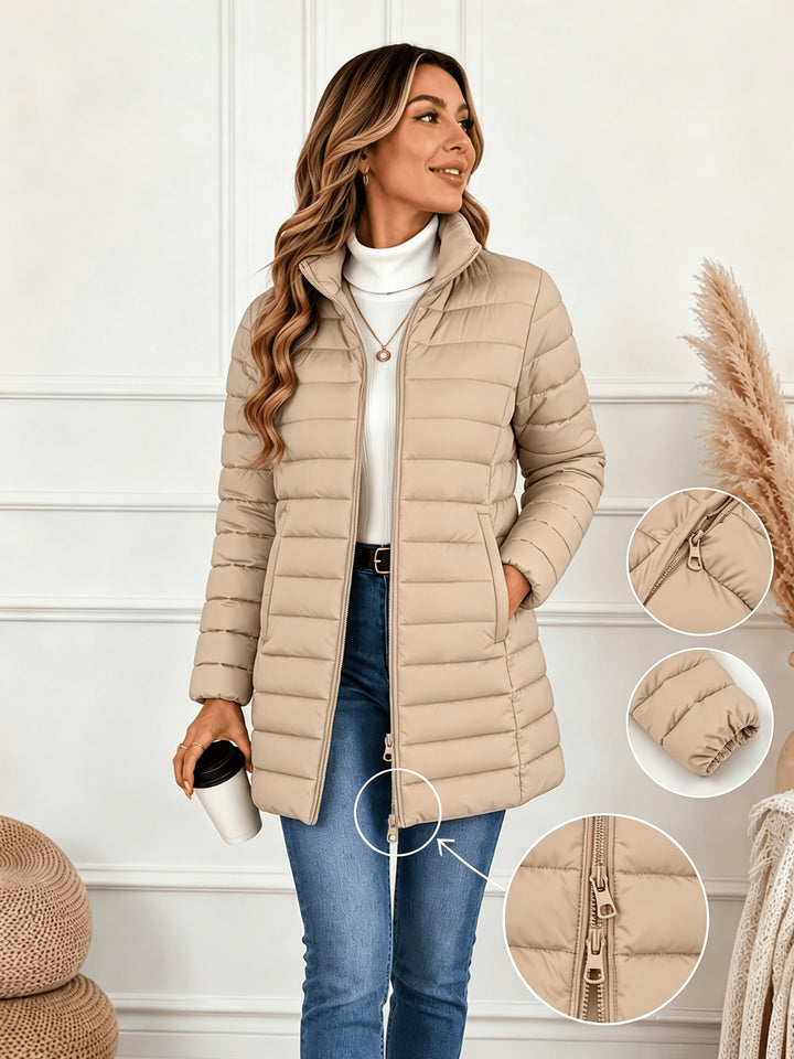 Lightweight quilted coat with stand collar and double zip front, khaki beige puffer jacket.