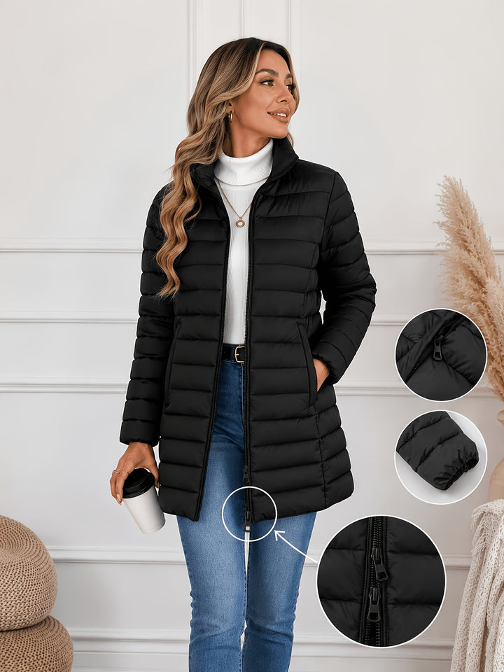 Lightweight quilted coat with stand collar and double zip front, black puffer jacket.