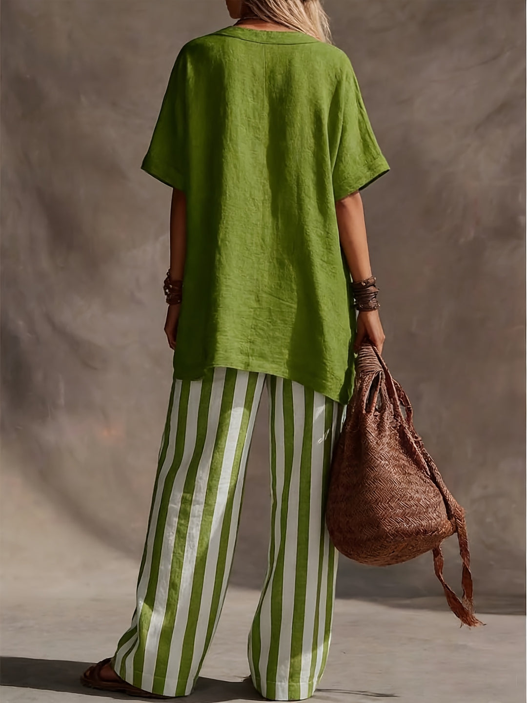 Ines | V-Neck Top & Striped Wide-Leg Trousers Set