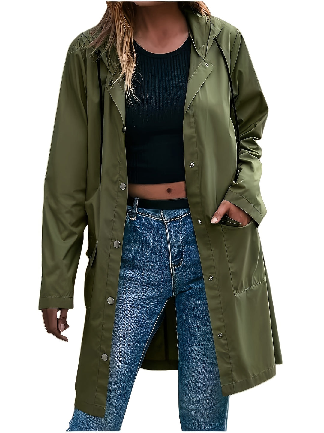 Olive green hooded trench coat with snap front, long sleeves, and side pockets