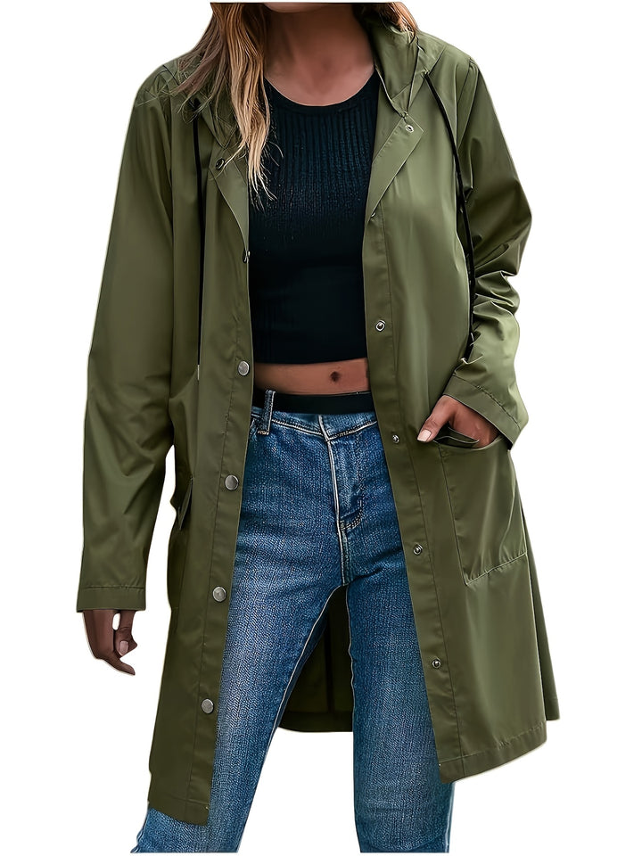 Olive green hooded trench coat with snap front, long sleeves, and side pockets
