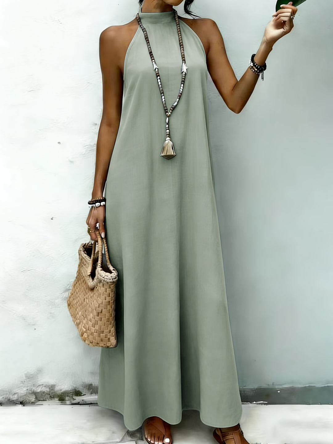 AMNFUIL Bohemian Maxi Dress with Neck Cord for Women - Sleeveless Beach Dress with Button Closure at the Back, Plain Fitted Long Dress Suitable for Weddings, Pool Parties, Casual Wear, Machine Washable Elegant Dress
