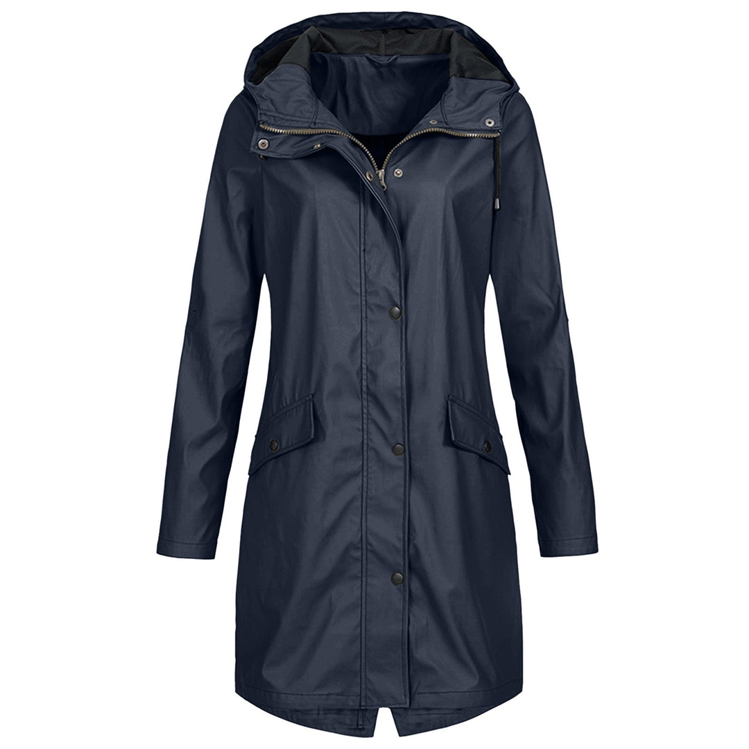 Navy hooded waterproof rain parka with button front, flap pockets and long sleeves