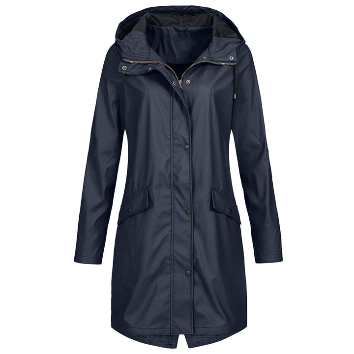 Navy hooded waterproof rain parka with button front, flap pockets and long sleeves