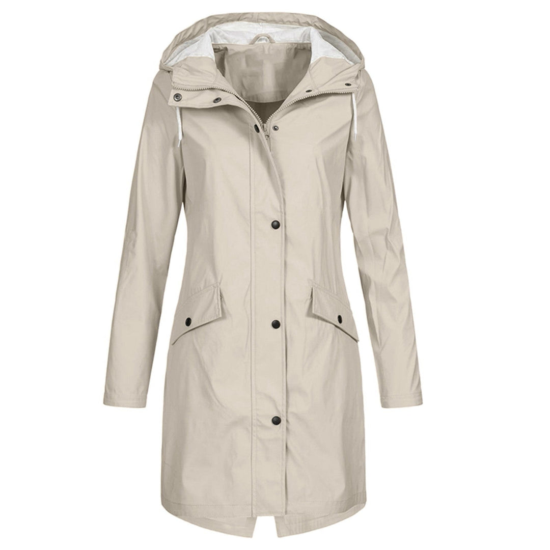 Beige hooded waterproof rain parka with button front, flap pockets and long sleeves