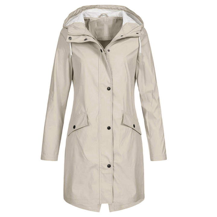 Beige hooded waterproof rain parka with button front, flap pockets and long sleeves