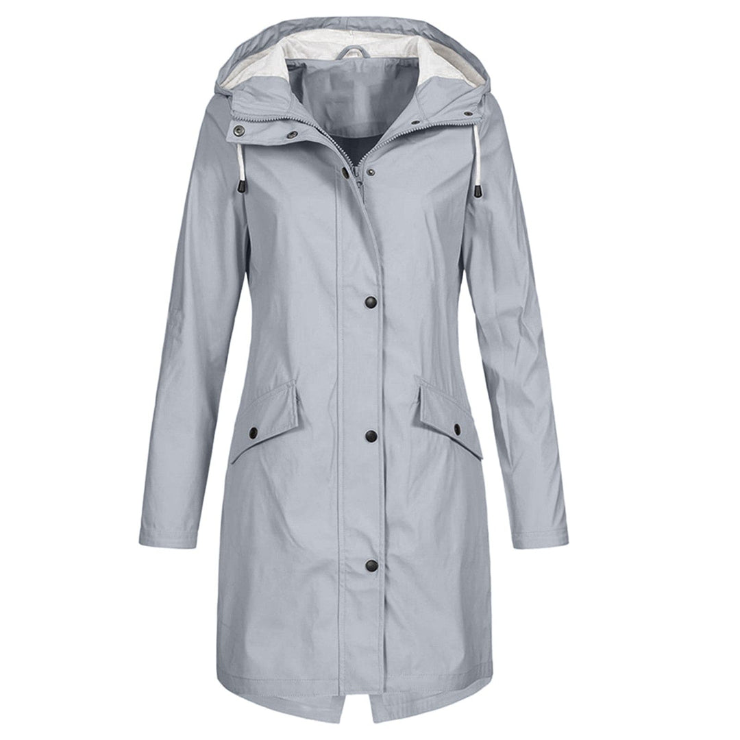 Grey hooded waterproof rain parka with button front and flap pockets, long sleeves