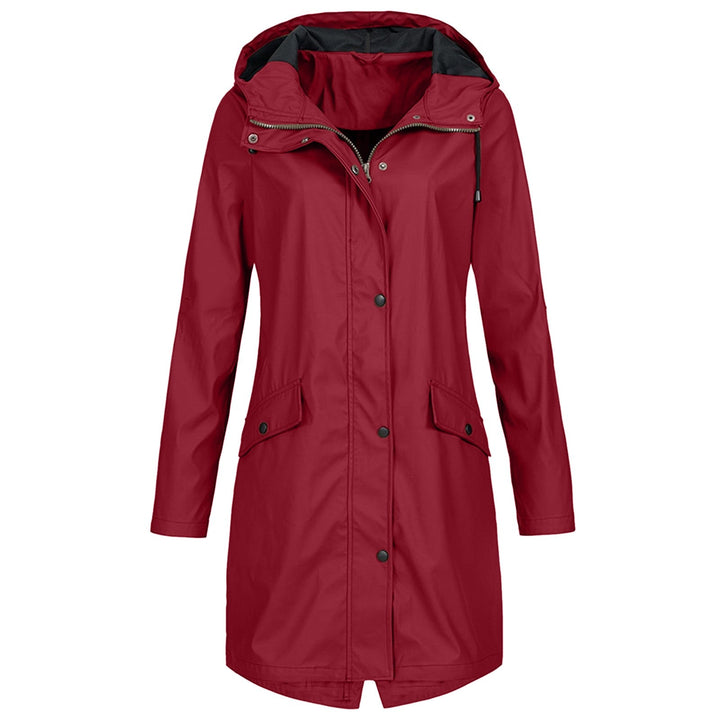 Red hooded waterproof rain parka with button front, flap pockets and long sleeves