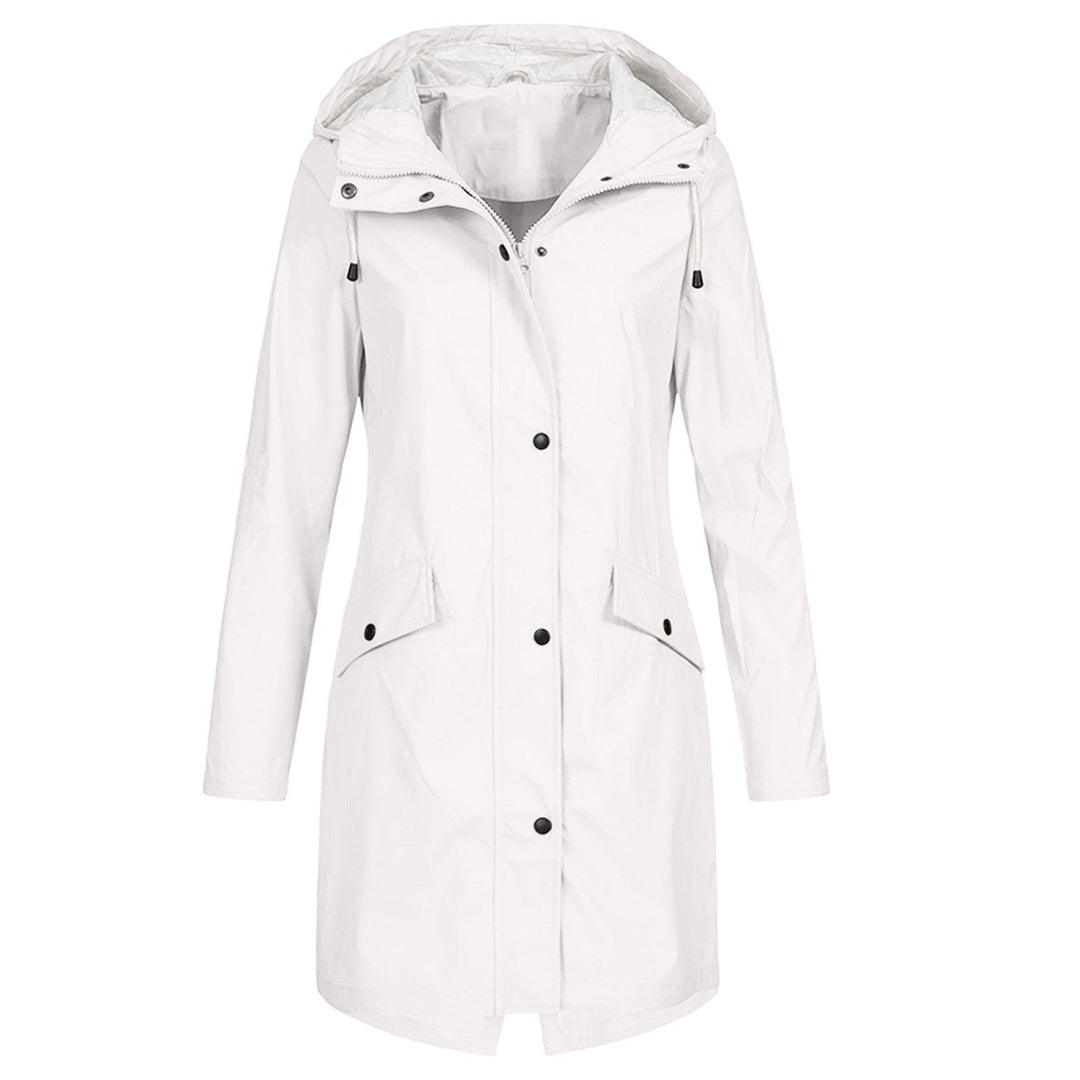 White hooded waterproof rain parka with button front, flap pockets and long sleeves