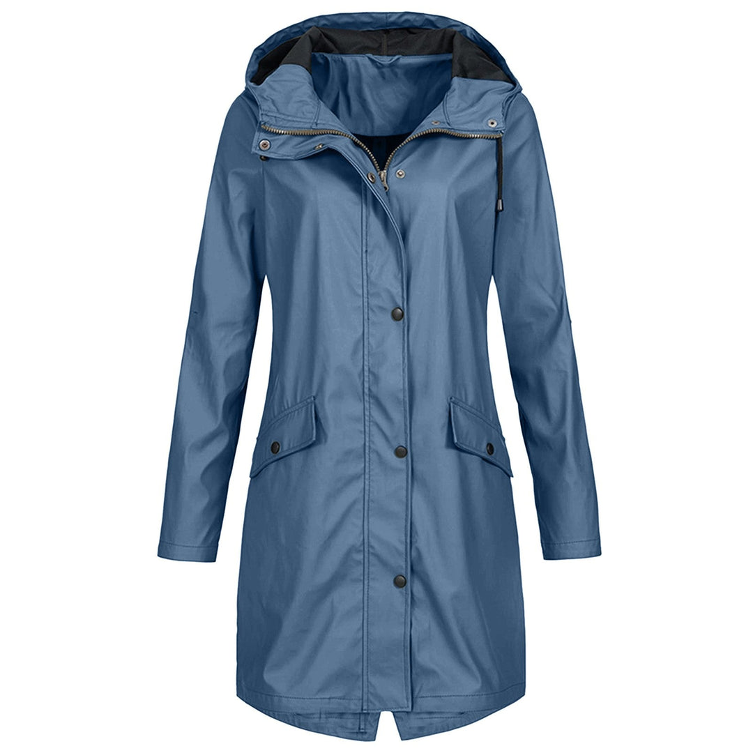 Blue hooded waterproof rain parka with button front, flap pockets and long sleeves