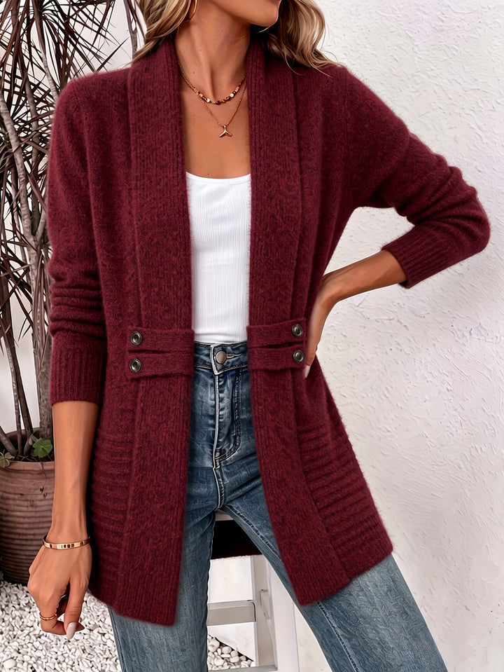 Burgundy knit ladies cardigan, open front with two-button placket and side pockets.