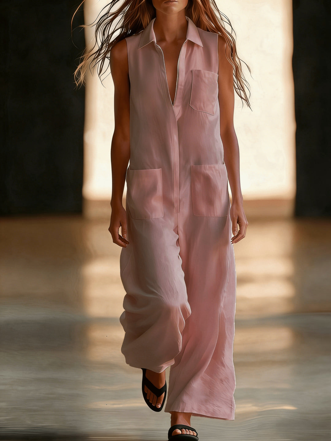 Sleeveless wide-leg jumpsuit for women, plain colour with pockets, half-zip and open front - Casual wear for commuting