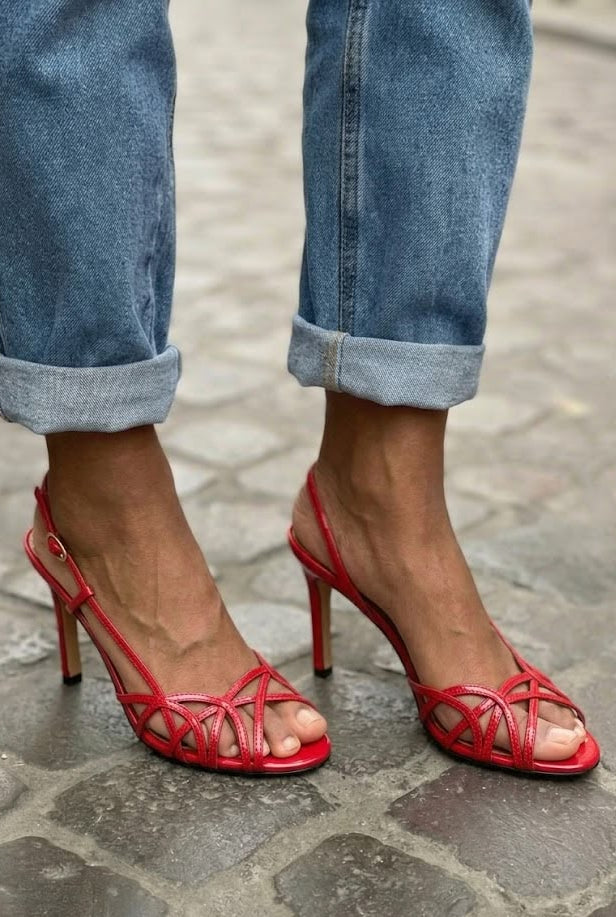 Open-toe stiletto slingback sandals with crossed straps