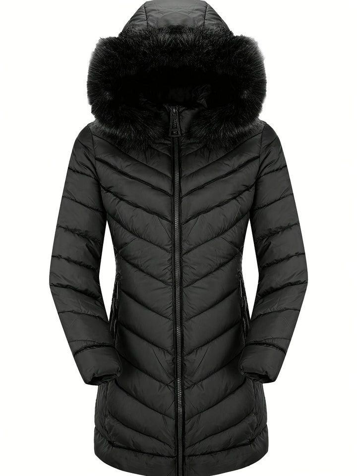 Black slim-fit hooded faux fur winter coat with quilted puffer stitching and front zip.