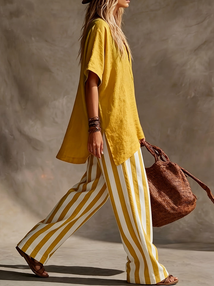 Ines | V-Neck Top & Striped Wide-Leg Trousers Set
