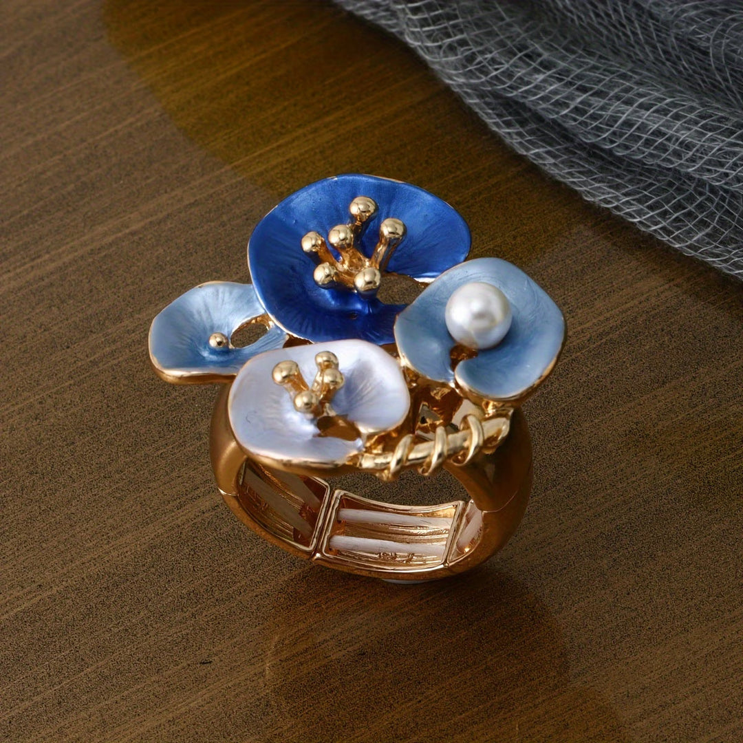 Blue Floral Pearl Adjustable Statement Ring