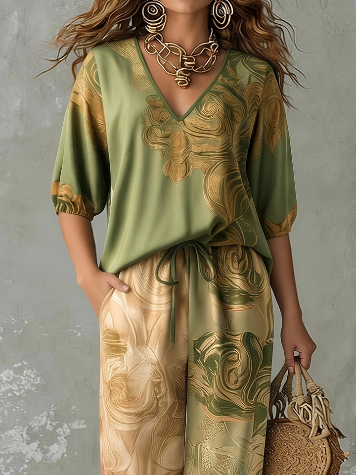 Genevieve | V-Neck Top & Cuffed Wide-Leg Trousers Set