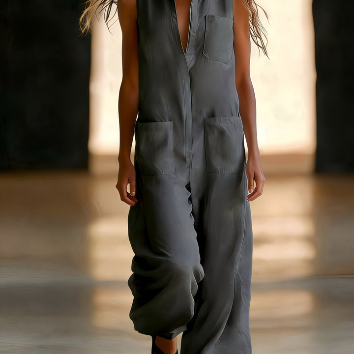 Sleeveless wide-leg jumpsuit for women, plain colour with pockets, half-zip and open front - Casual wear for commuting