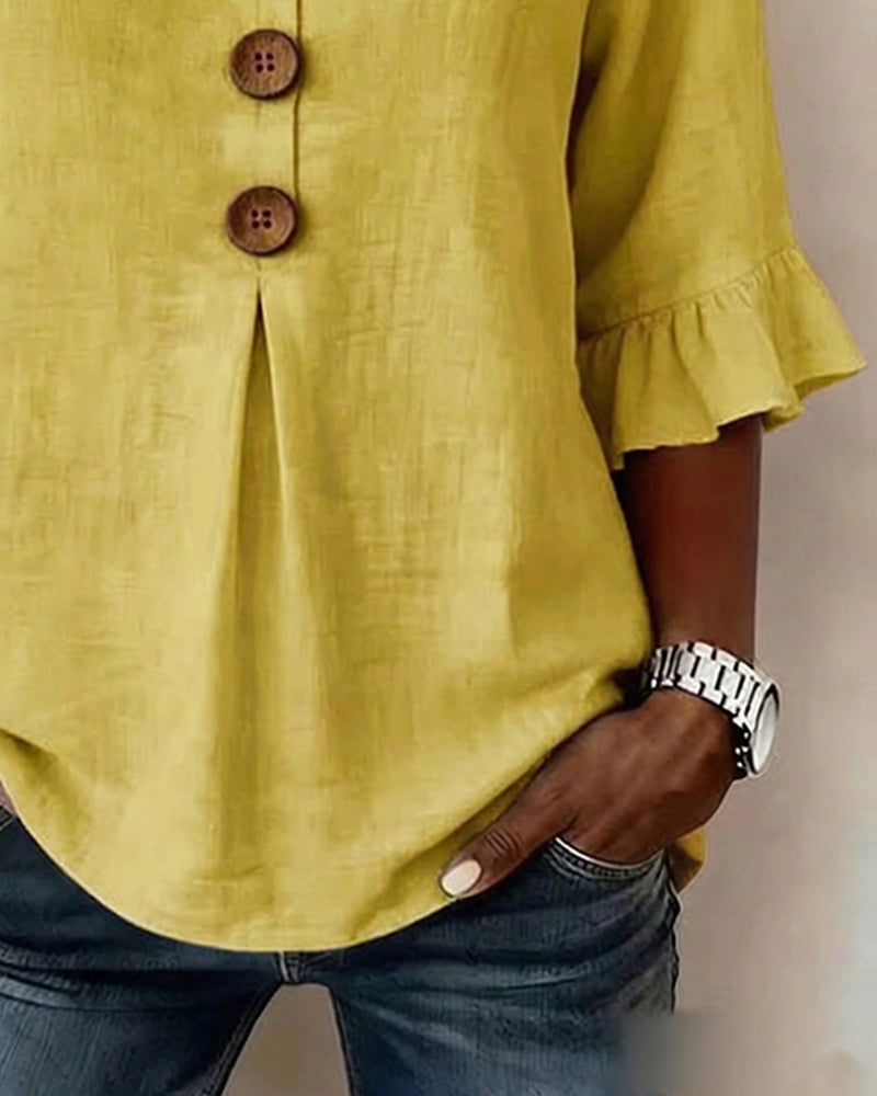 Sophia Solid Colour Blouse with Wooden Buttons and Ruffles