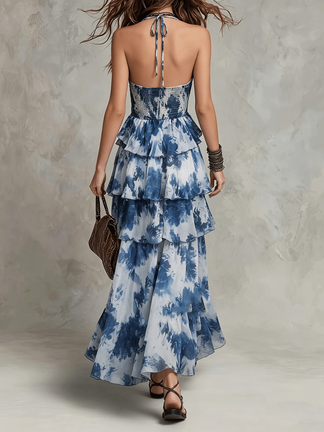 Azure | Tiered Ruffle Halter Maxi Dress