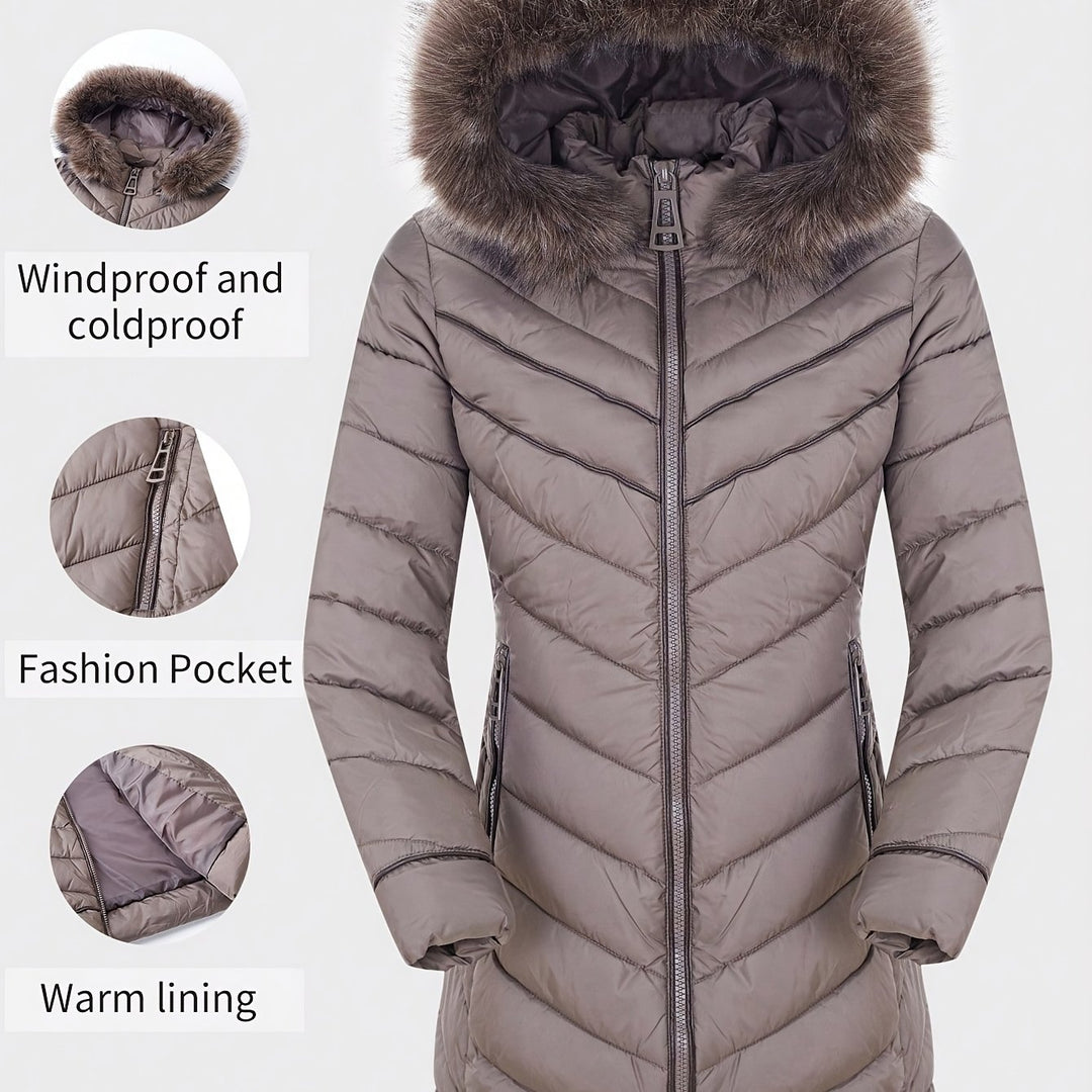 Slim-fit hooded faux-fur puffer coat in taupe, full-zip front, side pockets, warm lining