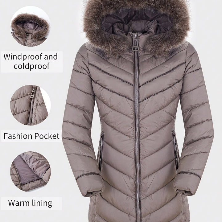 Slim-fit hooded faux-fur puffer coat in taupe, full-zip front, side pockets, warm lining