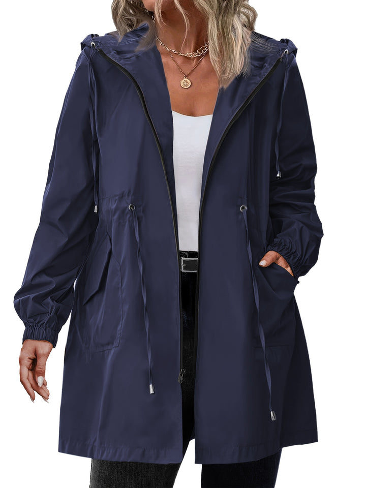 Lightweight hooded zip jacket in navy blue with drawstring waist and front pockets